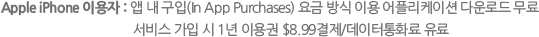 Apple iPhone 이용자 :앱 내 구입(In App Purchases)요금 방식 이용 어플리케이션 다운로드 무료서비스 가입 시 1년 이용권 $8.99결제/데이터통화료 유료